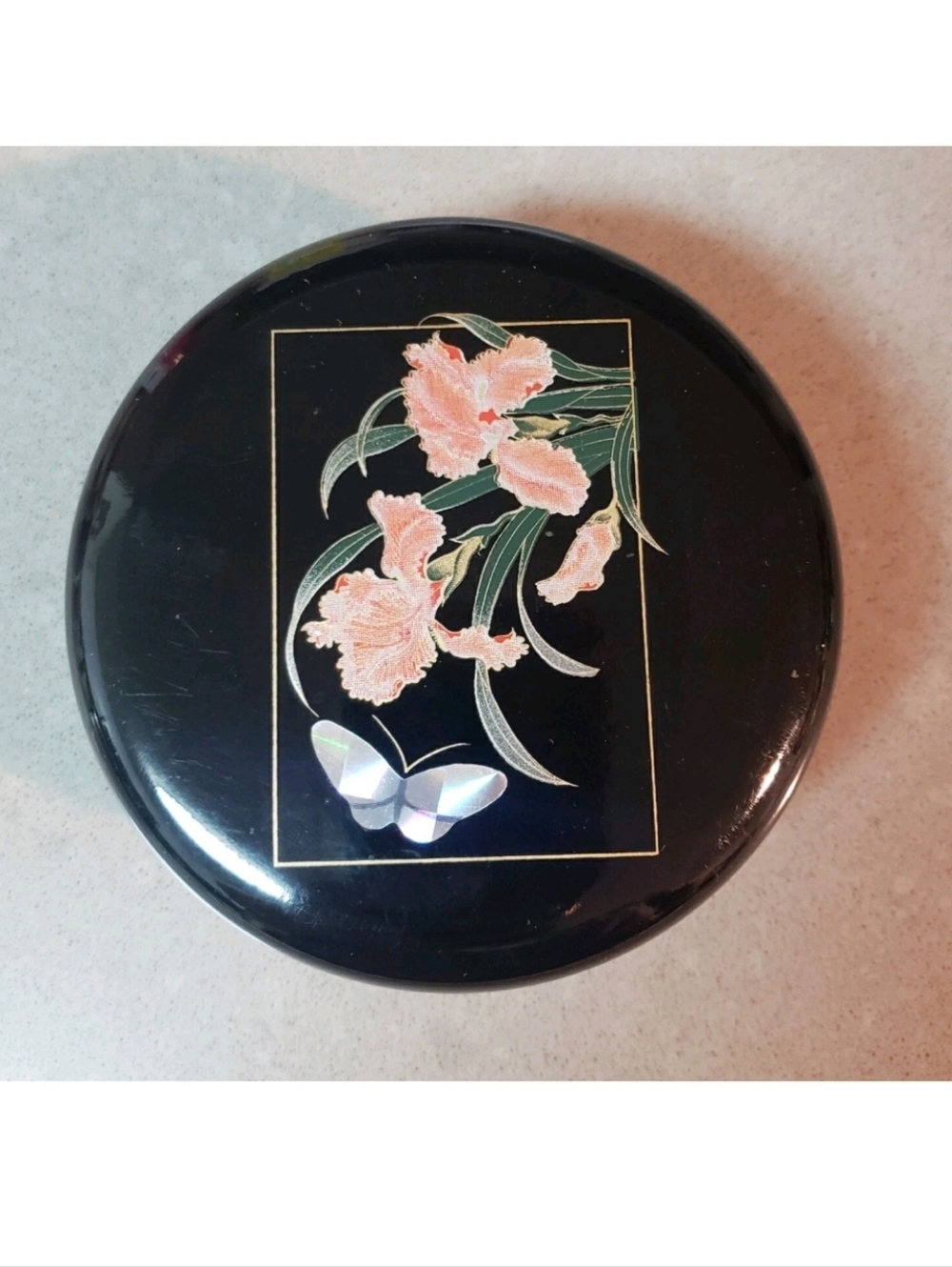 Floral Asian Vintage Black Lidded Trinket Box